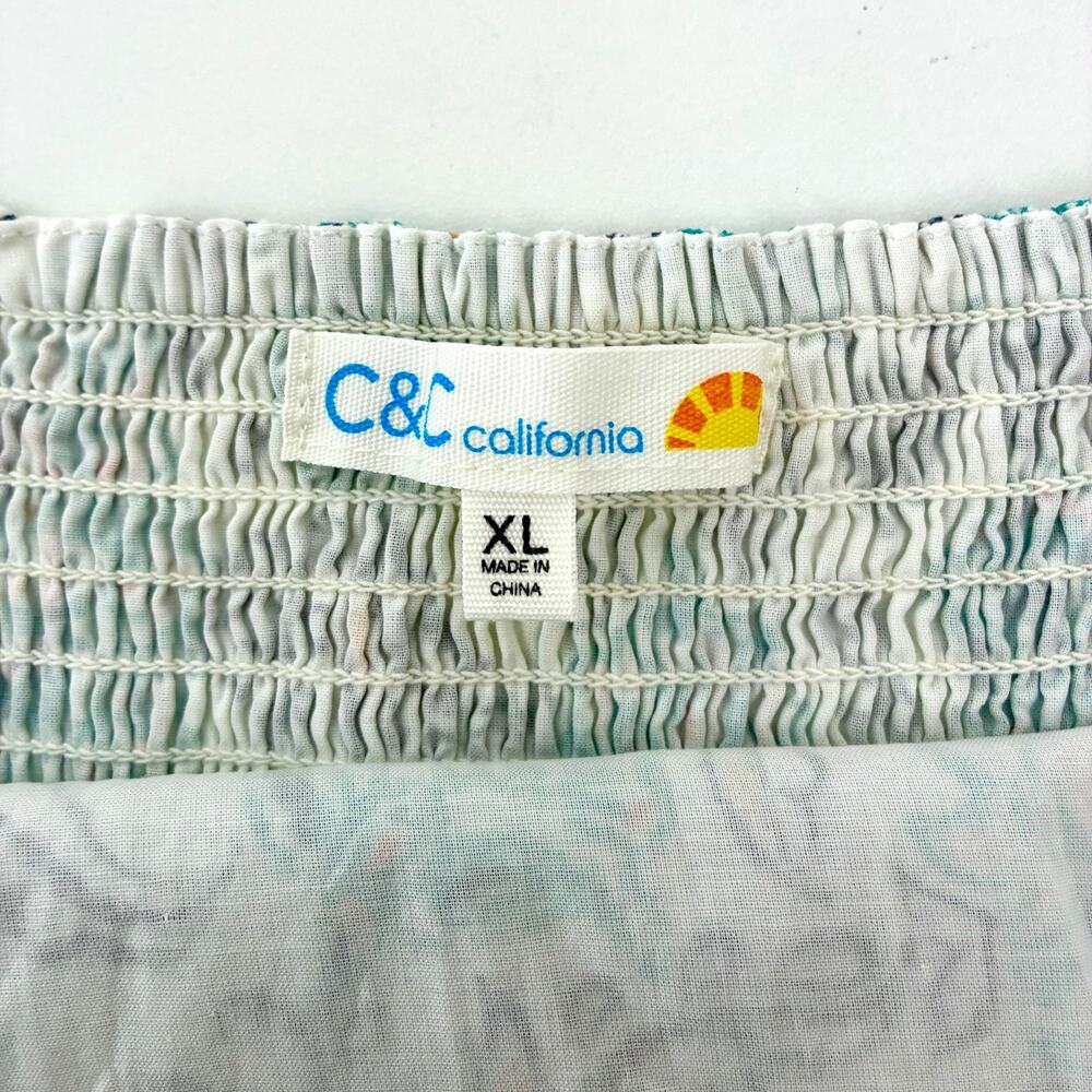 C&C California Cream and Aqua Floral Tie Shoulder Tiered Cotton Dress - Size XL - Picture 3 of 10